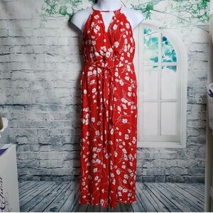 NWT Anthropologie Maeve Red and White Floral Wideleg Halter top Jumpsuit-Size 16